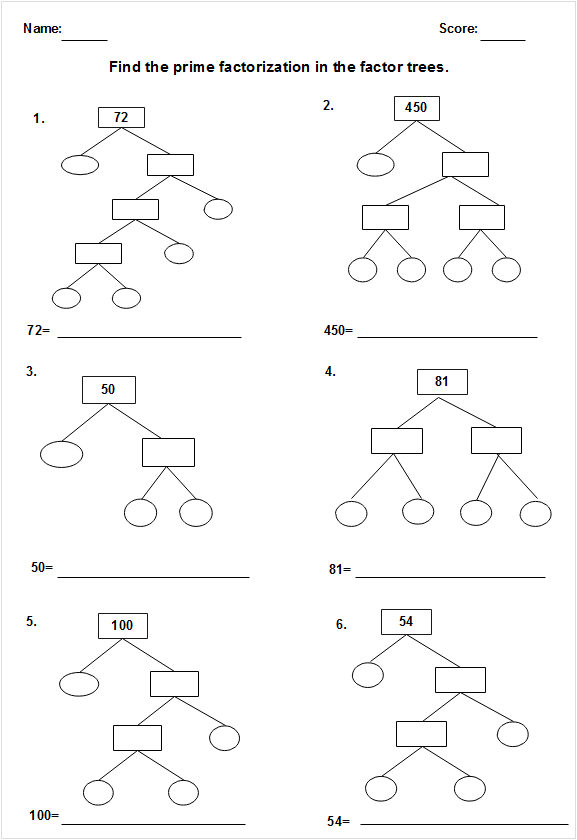 Free Printable Math Worksheets Factor Trees