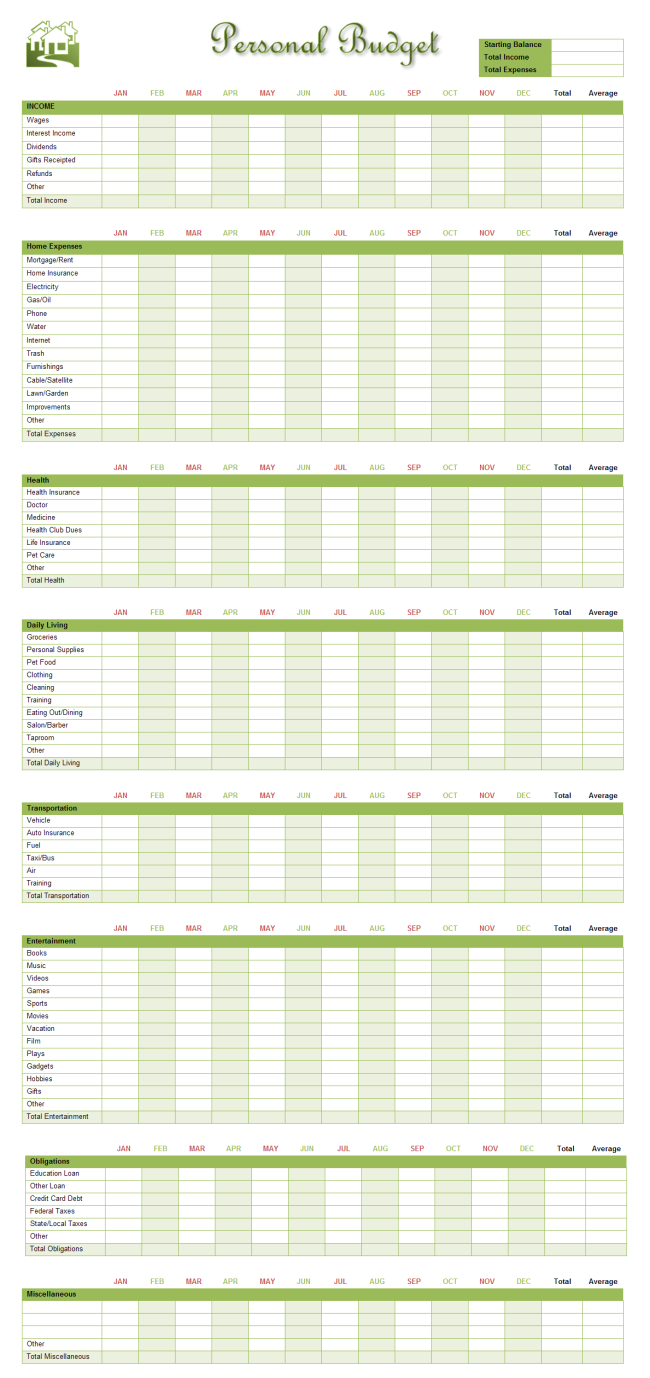 online personal budget template